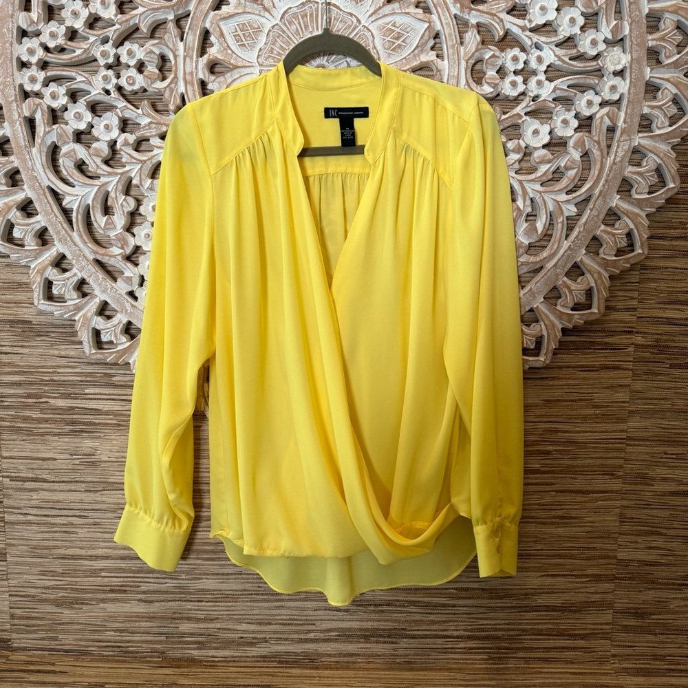 INC International Concepts Yellow Wrap Blouse Long Sleeve
